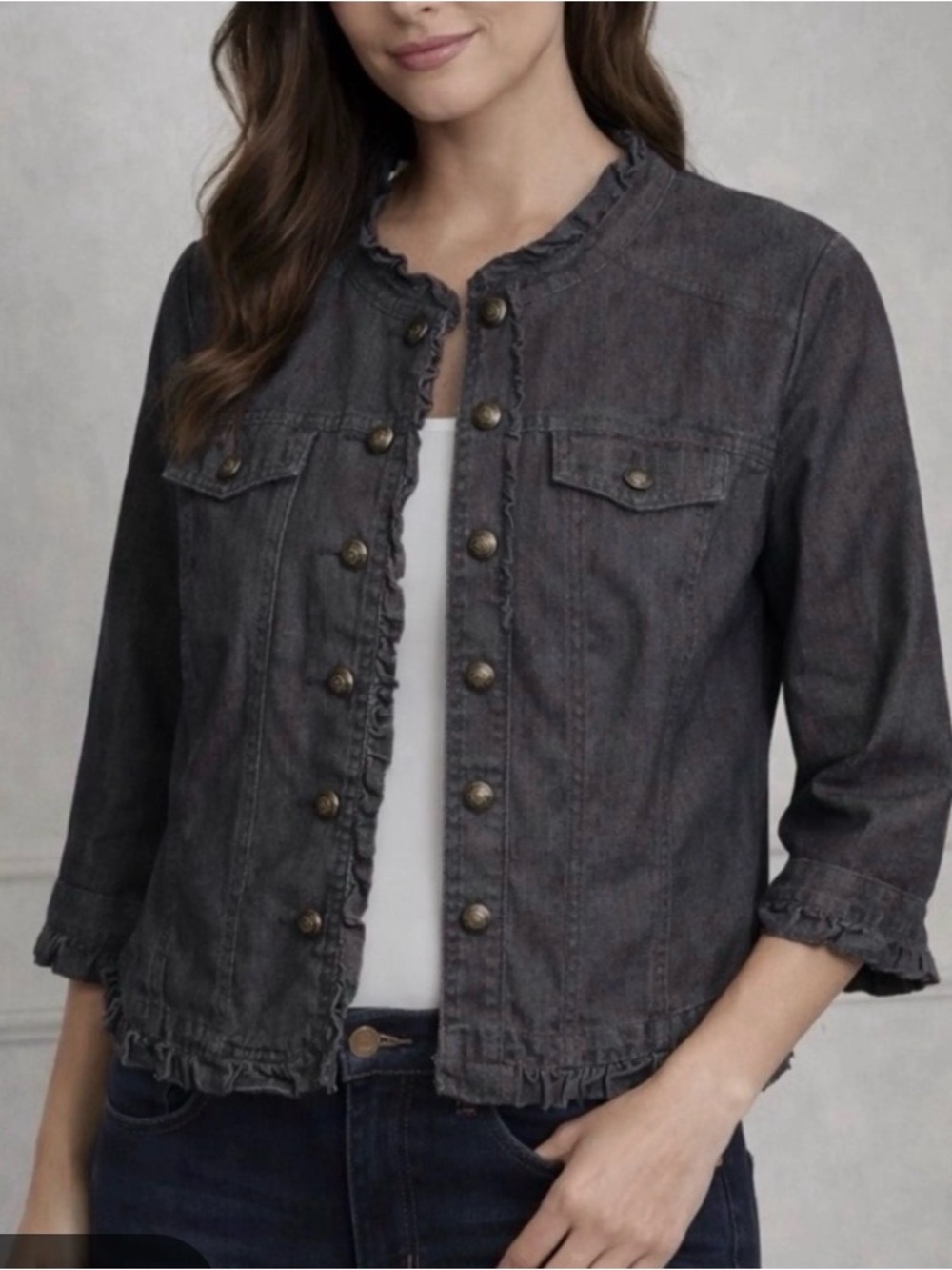 Sandro Jean Jacket Size Large Ruffle Collar Gray Denim Button Front Dainty